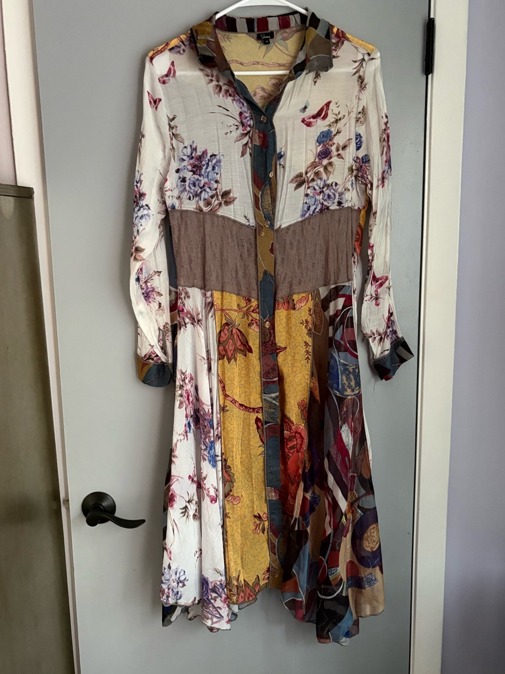 SHAN Mixed Floral Patchwork Long Sleeve Midi Dress in Cream, Mustard and Brown